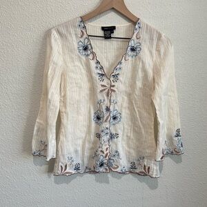 VTG BCBGMaxAzria Womens Small Button Down Blouse Coquette Floral Embroidered